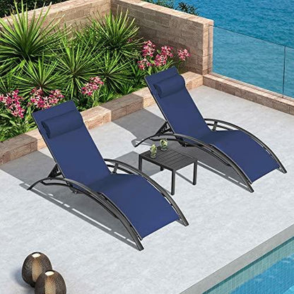 PURPLE LEAF Patio Chaise Lounge Set Outdoor Beach Pool Sunbathing Lawn Lounger Recliner Outside Tanning Chairs with Arm for All Weather Side Table Included Navy Blue - CookCave