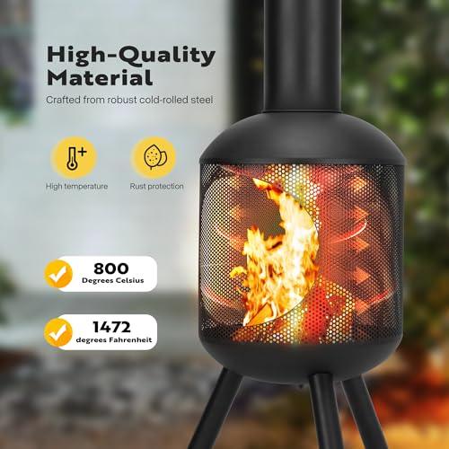 VIVOHOME 46 Inch Chiminea Outdoor Fireplace, Cold-Rolled Steel Wood Burning Fire Pit with Mesh Design, Top Chimney Cover, and Fire Poker Ideal for The Patio, Garden, and Backyard Black - CookCave