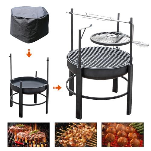 OutVue 26 inch Fire Pit with 2 Grills & 1 Rotisserie Kit, Wood Burning Fire Pits for Outside with Poker & Round Waterproof Cover, BBQ& Outdoor Firepit 2 in 1 for Patio, Picnic, Party - CookCave