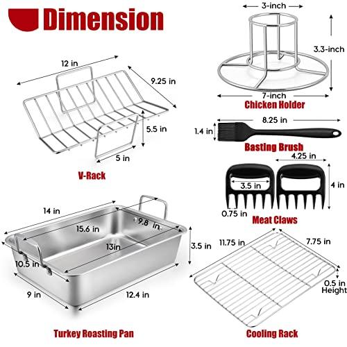 TeamFar Roasting Pan, 14 In Stainless Steel Turkey Roaster Pan with Cooling Rack & V Rack, Beer Can Chicken Holder/Meat Claws/Brush, Healthy & Dishwasher Safe, Set of 7 - CookCave