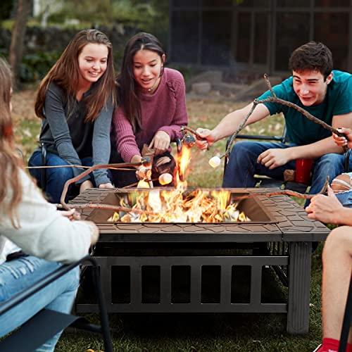 ZENY 32in Outdoor Fire Pits Outside Wood Burning Firepit Square Metal Fireplace Table Fire Bowl with Grill,Screen and Poker for Camping Bonfire Backyard BBQ - CookCave