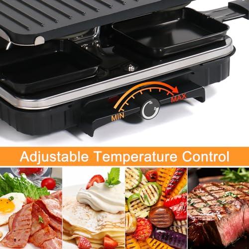 Korean BBQ Grill, Indoor Raclette Table Grill Smokeless 2 in 1 Electric Griddle Nonstick with 8 Raclette Cheese Pans Adjustable Temperature Control 1300W Ideal for Family and Party Fun - CookCave