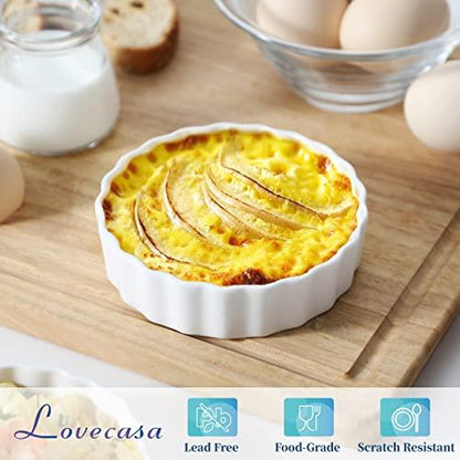 LOVECASA Shallow Creme Brulee Ramekins, 8 oz Ramekins for Baking, Porcelain Souffle Dish Mini Pie Pans Oven Safe, Round Fluted Tart Pan Quiche Dishes, Set of 6, White - CookCave