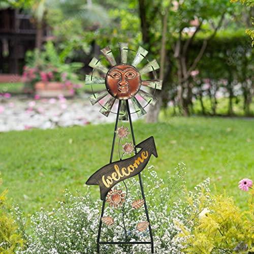 TERESA'S COLLECTIONS Yard Art Sign Sun Metal Wind Spinner with Solar Garden Lights, 36.6 Inch Vivid Sun Face Windmill Garden Decor for Outside, Outdoor Decorative Stake Lawn Ornaments Patio Decoration - CookCave