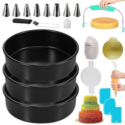 RFAQK 133PCs Round Cake Pans Sets for Baking + Cake Decorating Supplies - 3 Non-Stick 8 Inch Cake Pan with Baking Supplies, Piping Tips, Cake Leveler, Icing Spatula and 35 Parchment Papers with eBook - CookCave