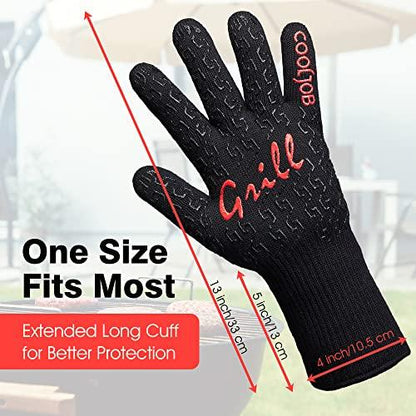 COOLJOB Heat Resistant BBQ Gloves for Hot Temperature Cooking, Barbecue Grilling or Baking Bread Pizza, 800 Degrees Safe Oven Mittens with Fingers, Aramid Fiber with Silicone Grip, One Size, Black - CookCave