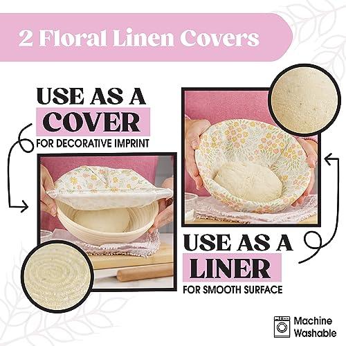 Joyallia Printed Floral Banneton Bread Proofing Basket Set of 2 Round 9 inch w Premium Tools |Sourdough Proofing Basket | Bread Proofing Baskets for Sourdough | Proofing Bowl - CookCave