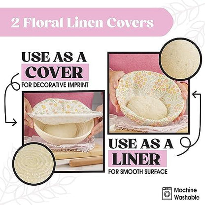 Joyallia Printed Floral Banneton Bread Proofing Basket Set of 2 Round 9 inch w Premium Tools |Sourdough Proofing Basket | Bread Proofing Baskets for Sourdough | Proofing Bowl - CookCave