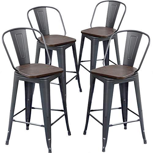 Aklaus Swivel Metal Bar Stools Set of 4 Counter Height Stools Counter Bar Stools with Back Swivel Metal Bar Chairs Wooded Seat 26 Inch Matte Black barstools - CookCave