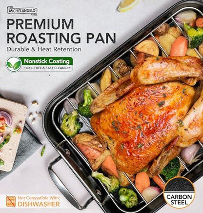 MICHELANGELO Roasting Pan with Rack, Carbon Steel Turkey Roasting Pan for Oven and Induction, Nonstick Turkey Roaster Pan with Stainless Steel Rack, 15 Inch x 11 Inch - CookCave