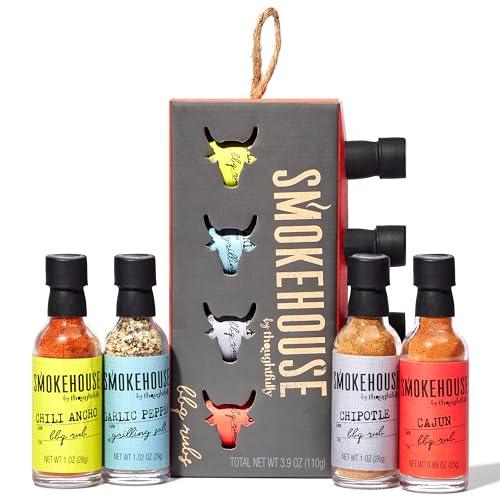 Smokehouse by Thoughtfully BBQ Rubs Gift Set, Vegan & Vegetarian, Barbecue Rub Flavors Include Cajun, Chipotle, Garlic Pepper & Chili Ancho BBQ Rubs, Set of 4 - CookCave