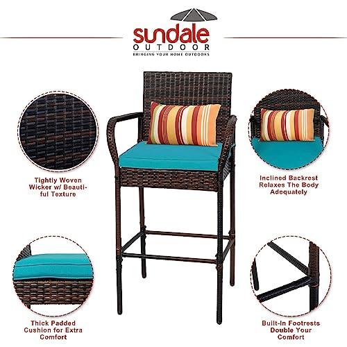 Sundale Outdoor Wicker Bar Stools Set of 4, 4 Piece Rattan Counter Chairs with Back Rest Pillow, Patio Pub Chair with Arms, Cushion Turquoise, All-Weather Outside Furniture - Steel, Brown - CookCave