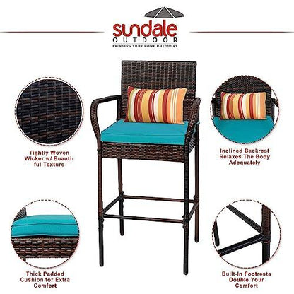 Sundale Outdoor Wicker Bar Stools Set of 4, 4 Piece Rattan Counter Chairs with Back Rest Pillow, Patio Pub Chair with Arms, Cushion Turquoise, All-Weather Outside Furniture - Steel, Brown - CookCave