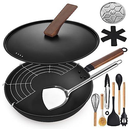 AOSION 13'' Carbon Steel Wok, 12 Piece Wok Pan & Stir-Fry Pans Set with Lid & Cookwares, No Chemical Coated Flat Bottom Chinese Wok Pan for Induction, Electric, Gas, Halogen, All Stoves - CookCave