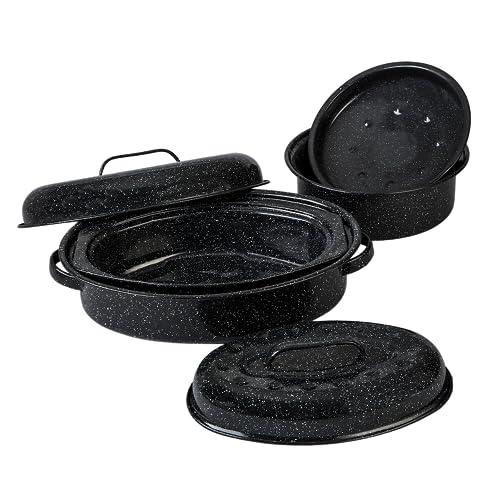 Granite Ware Roasting Set Covered 13 in and 15 in Oval roaster and 3 lb round roaster. Enameled Steel design to accomodate up to 7 lb and 10 lb poultry/roast. Resists up to 932°F. - CookCave