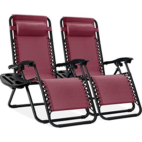 Best Choice Products Set of 2 Adjustable Steel Mesh Zero Gravity Lounge Chair Recliners w/Pillows and Cup Holder Trays - Burgundy - CookCave