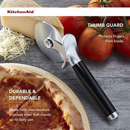 KitchenAid Classic Pizza Wheel with Sharp Blade For Cutting Through Crusts, Pies and More, Built In Finger Guard for Safety and Comfort Grip to Protect Fingers, Dishwasher Safe, 9-Inch, Black - CookCave