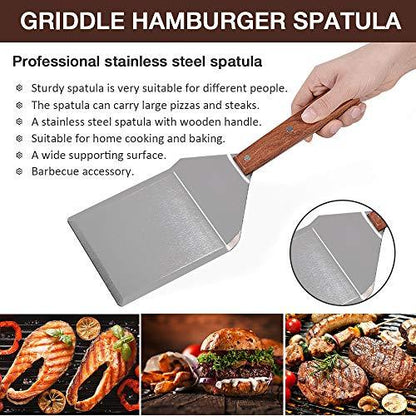 Pharamat Stainless Steel Griddle Hamburger Spatula with Strong Wooden Handle, 13.5 x 5 inches, Heavy Duty Spatula Turner with A Hook, Great for Pancake Flipper, Fish, Eggs, Burgers, Omelet and More - CookCave