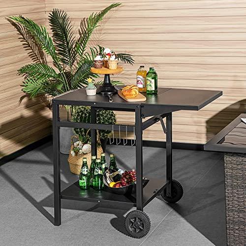 Giantex Outdoor Pizza Oven Stand Grill Cart with Wheels, Foldable Side Table, Gas Tank Hook, 4 Removable Hooks, Double-Shelf Movable Dining Cart Food Prep Worktable Trolley for Outside Kitchen BBQ - CookCave