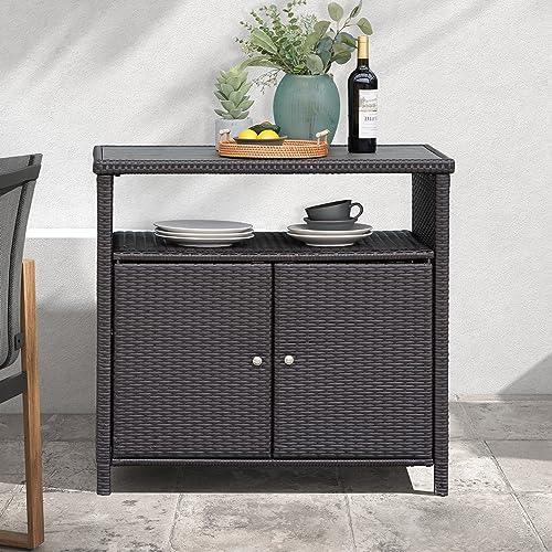 Grand patio Indoor Outdoor 2-Door Wicker Storage Cabinet with Shelf, Powder Coated Steel, All Weather Resin Wicker, Dark Brown - CookCave