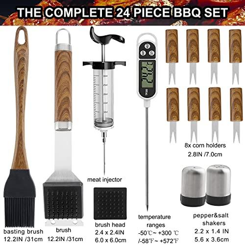grilljoy 24PCS BBQ Grill Tools Set with Meat Thermometer and Injector - Extra Thick Stainless Steel Fork, Spatula& Tongs - Complete BBQ Accessories in Aluminum Case - Perfect Grill Gifts for Men - CookCave