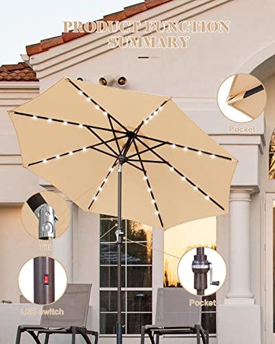 Zersun 9FT Patio Umbrella, Solar Powered LED Umbrellas with 32 LED Lights 8 Ribs/Tilt Adjustment and Crank Lift System for Garden, Backyard and Pool - Tan - CookCave