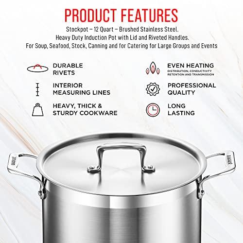 Stockpot – 12 Quart – Brushed Stainless Steel – Heavy Duty Induction Pot with Lid and Riveted Handles – For Soup, Seafood, Stock, Canning and for Catering for Large Groups and Events by BAKKEN - CookCave