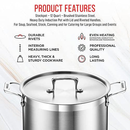 Stockpot – 12 Quart – Brushed Stainless Steel – Heavy Duty Induction Pot with Lid and Riveted Handles – For Soup, Seafood, Stock, Canning and for Catering for Large Groups and Events by BAKKEN - CookCave