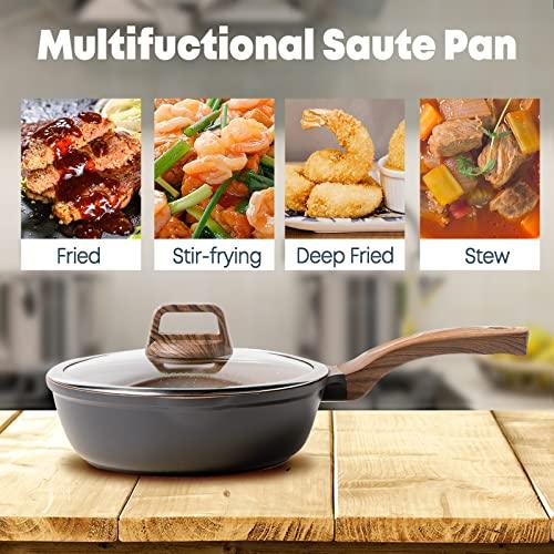 Ecowin Nonstick Deep Frying Pan Skillet with Lid, 10 Inch/ 3Qt Granite Coating Saute Pan, Non Stick Fry Pan for Cooking with Bakelite Handle, Induction Compatible, Dishwasher and Oven Safe, PFOA Free - CookCave