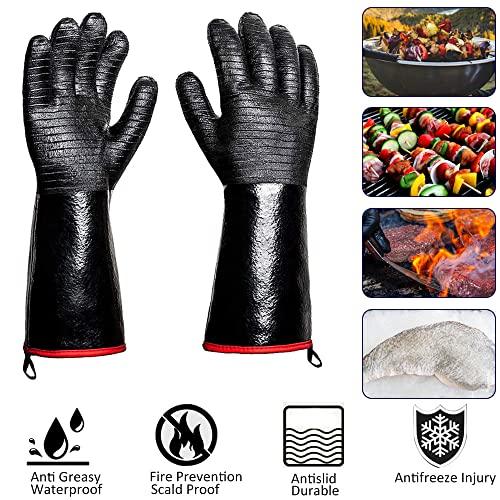 932°F Heat Resistant Gloves Non-Slip BBQ Gloves Waterproof Kitchen Gloves Fireproof Grilling Gloves Oil Resistant Barbecue Gloves Neoprene Coated Black Gloves for Fryer, Baking, Oven, Smoker,17in - CookCave