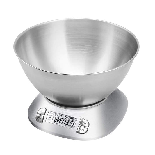 Digital Kitchen Scale with Removable Bowl 2.5L Volume, Electronic Stainless Steel Food Scale for Cooking Baking, Room Temperature, Alarm Timer, 12lb 5.5kg, Batteries Included - CookCave