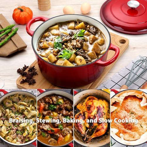 E-far Enameled Cast Iron Dutch Oven with Lid, 6 Quart Round Dutch Oven Pot Nonstick Cookware for Braising, Stews, Roasting, Bread Baking, Cooking, Heavy Duty, Induction & Oven Safe - Red - CookCave