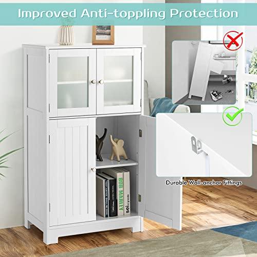 HAPPYGRILL Bathroom Storage Cabinet with Adjustable Shelf, Bathroom Cabinets Freestanding with Anti-toppling Device, Bathroom Floor Cabinet w/Tempered Glass Doors for Kitchen Dining Room Living Room - CookCave
