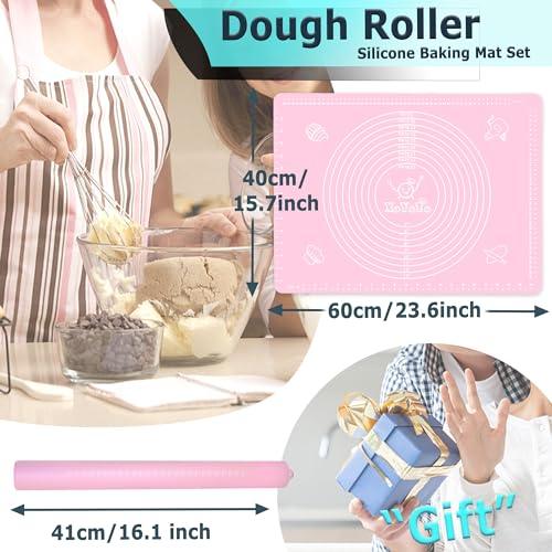 Rolling Pin Silicone Baking Pastry Mat Set,Pizza Dough Roller Baking Mat for Rolling Dough Non Slip Extra Large with Measure,Kitchen Counter Mat for Pie,Crust,Cookies,Bread,Pastries,Pasta, 15.7" x 24" - CookCave