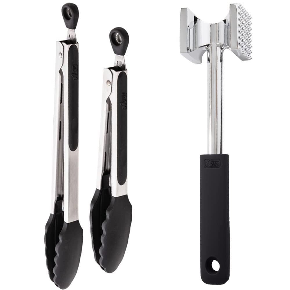 Gorilla Grip Stainless Steel Silicone Tongs Set of 2 and Heavy Duty Meat Tenderizer, Heat Resistant Silicone Tongs Size 7 and 9IN, Spiked Side Meat Tenderizer, Both In Black Color, 2 Item Bundle - CookCave