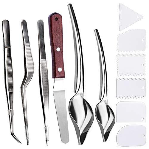 6 Pcs Tools Culinary Set Stainless Steel Cooking Tweezers Precision Tongs with Serrated Tips,Culinary Drawing Spoons,and 6 Piece Plastic Plating Wedge Set for Plates Decorating Spoon - CookCave