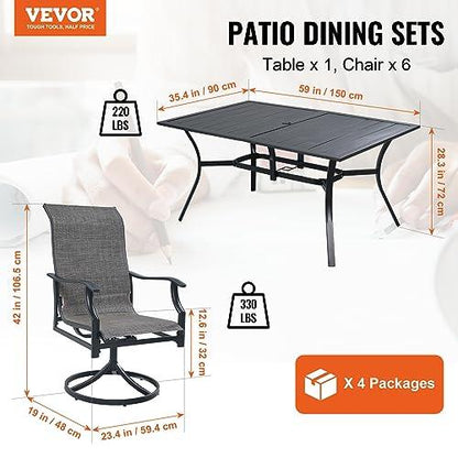 VEVOR 7 Pieces Patio Dining Set, Outdoor Furniture Table and Swivel Chairs Set, All Weather Garden Furniture Table Sets, Iron Patio Conversation Set with Umbrella Hole, For Lawn, Deck, Backyard, Black - CookCave