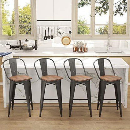 Aklaus Swivel Metal Bar Stools Set of 4 Counter Height Stools Counter Bar Stools with Back Swivel Metal Bar Chairs Wooded Seat 26 Inch Matte Black barstools - CookCave