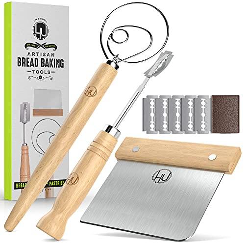 Bread Making Tools and Supplies - Set of 3 - Danish Dough Whisk, Bread Lame, Bench Scraper - Dough Hook with Bread Scraper, Lame Bread Tool, Blades - Great for Baking Sourdough, Pizza, Pastry by LHU - CookCave