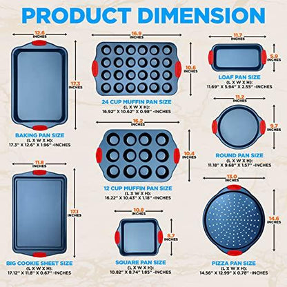 NutriChef 10-Piece Nonstick Bakeware Set - PFOA, PFOS, PTFE-Free Carbon Steel Baking Trays w/Heatsafe Silicone Handles, Oven Safe Up to 450°F, Pizza Loaf Muffin Round/Square Pans, Cookie Sheet - CookCave