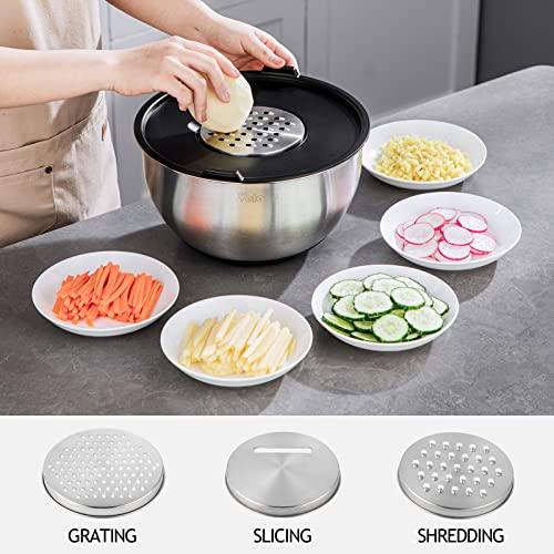 Velaze Mixing Bowls with Airtight Lids, 5 Piece Stainless Steel Nesting Bowls Set, Non-Slip Silicone Bottom with 3 Grater Attachments and Measurement Marks, Size 5, 3, 2, 1.5, 1 QT for Baking&Prepping - CookCave