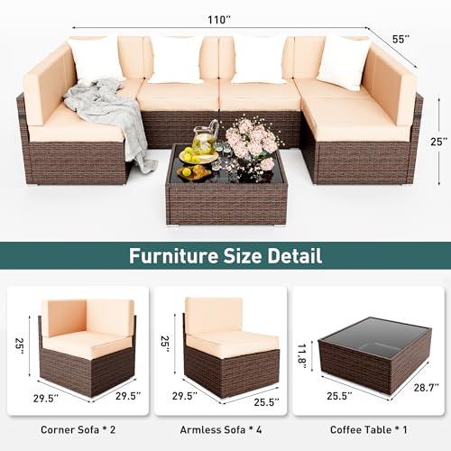 Pamapic Patio Furniture Set, 7 Pieces Modular Outdoor Sectional, Wicker Patio Sectional Sofa, Rattan Conversation Set with Coffee Table and Washable Cushions Covers, Brown Rattan(Beige Cushions) - CookCave