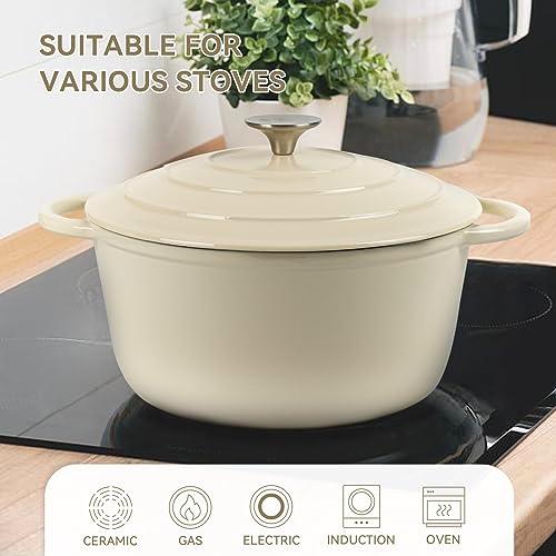 Gacuray 6Qt Enameled Cast Iron Dutch Oven Pot with Lidnd Dual Handles Heavy Duty Non-Stick Cream White - CookCave