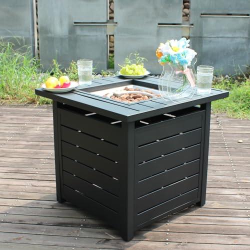 OutVue 28 inch Propane Fire Pit Table, Outdoor Gas Fire Pits with Lid & Lava Rock, 50000 BTU Firepit for Dinning, Party in Outside, Patio, Garden or Yard (Black) - CookCave