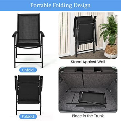 Tangkula Set of 2 Patio Folding Chairs, Fabric Dining Chairs with High Back & Armrests, Portable Camping Lounge Chairs with Sturdy Metal Frame, Outdoor Sling Chairs for Patio Lawn Garden (Black) - CookCave