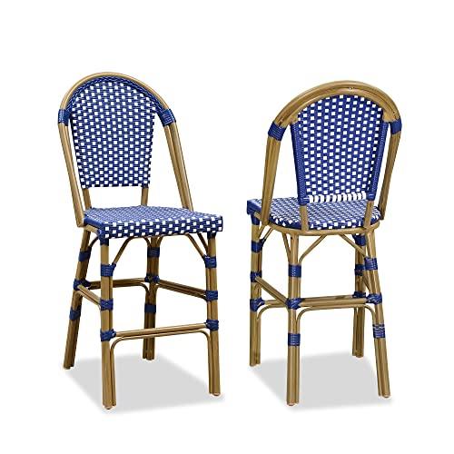 PURPLE LEAF French Counter Height Bar Stool Set of 2 25" Bamboo Print Finish Patio Bar Chairs with Back Rattan Bar Chairs French Bistro Set for Kitchen Outdoor Counter Stool Royal Blue - CookCave