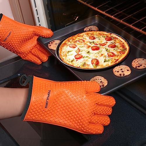 Silicone Gloves Oven Mitts Heat Resistant BBQ Smoker Grill Gloves Handle Hot Food Pulled Pork Gloves for Cooking Baking Grilling Barbecue Potholder Five Finger Gloves with Inner Cotton Layer - Orange - CookCave