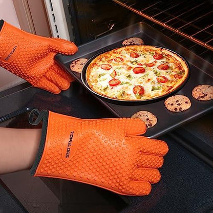 Silicone Gloves Oven Mitts Heat Resistant BBQ Smoker Grill Gloves Handle Hot Food Pulled Pork Gloves for Cooking Baking Grilling Barbecue Potholder Five Finger Gloves with Inner Cotton Layer - Orange - CookCave