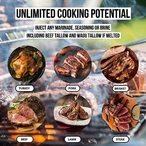 Iron Grillers PRO Competition Marinade Meat Injector Gun Flavor Kit for Smoking Brisket, Turkey, Chicken, Ribs, Pork & BBQ - Large 2 Oz Strong Glass Capacity + Metal Protective Case - Built to Last - CookCave