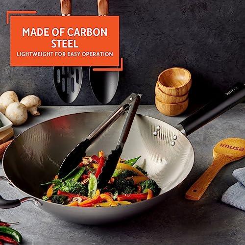 IMUSA USA Natural Wok with Triangle Handle 14-Inch, Silver, Black - CookCave